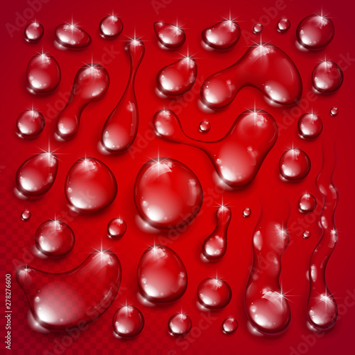Water drops set vector realistic 3d elements collection, transparent dew condensation drops over transparency checker mesh, prepared to put over red background.