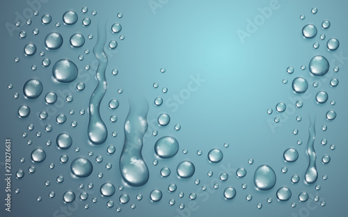 Water drops in shower or pool, condensate or rain droplets realistic transparent vector illustration, easy to put over any background or use droplets separately.