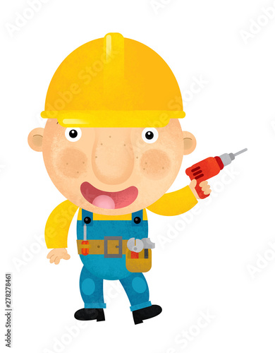 cartoon construction worker in bending with some kind of project in his hand © agaes8080