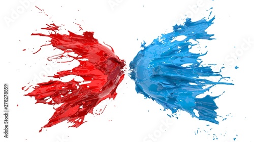 red and blue fluid splash on white background. 3d illustration