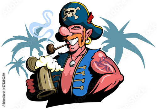 Cartoon style pirate, vector filibuster character with smoking pipe, holding a beer mug, with palms on background