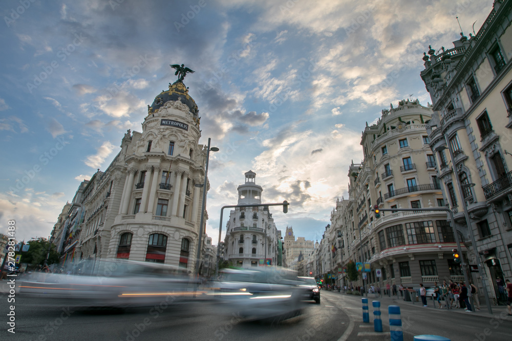 Madrid, Spain cityscape at Calle de Alcala and Gran Via. The center of the city.