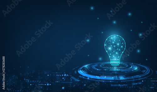 Vector circle tech with light blue and lamp bulb on technology background.