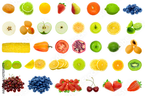 Fruits and vegetables collection isolated on white background, top view. Fresh ripe fruit and berries set.