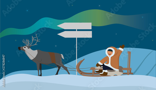 Banner with an Eskimo on a reindeer sleigh. Landscape with the northern lights. Vector illustration.