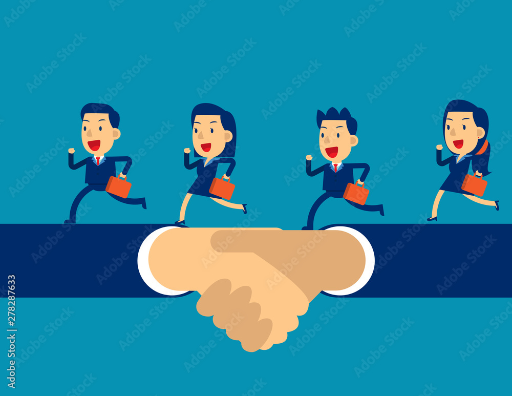 Business team running on hand shake. Concept business successful vector illustration, Agreement, Flat cartoon character style design Business team running on hand shake. Concept business successful vector illustration, Agreement, Flat cartoon character style design