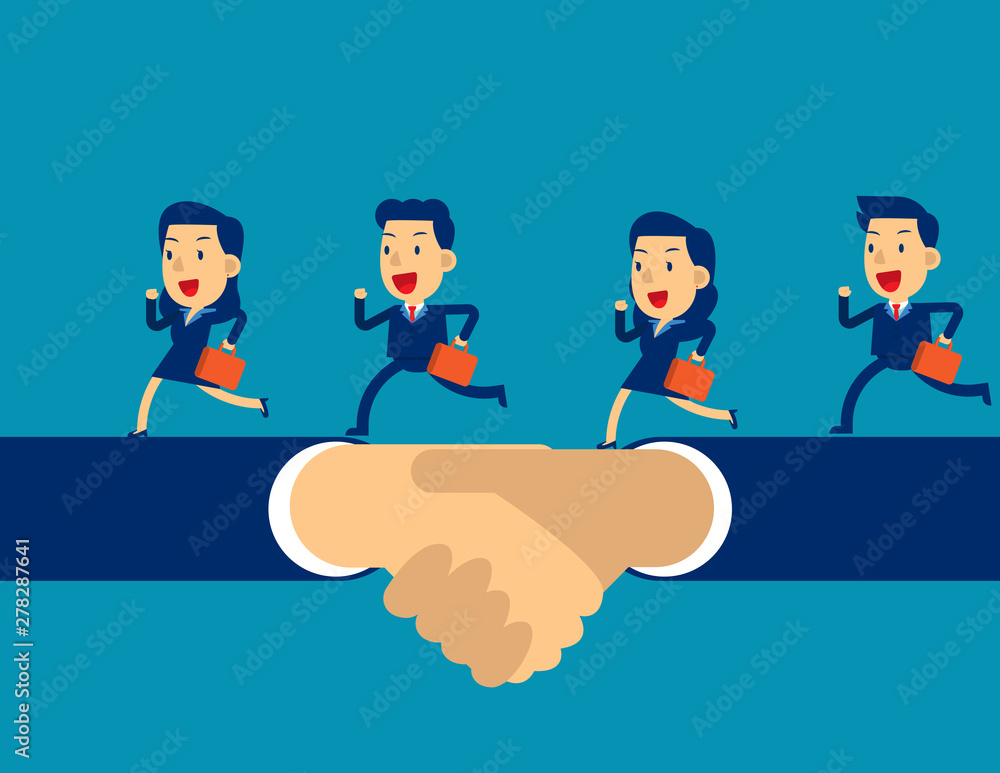 Business team running on hand shake. Concept business successful vector illustration, Agreement, Flat cartoon character style design Business team running on hand shake. Concept business successful vector illustration, Agreement, Flat cartoon character style design
