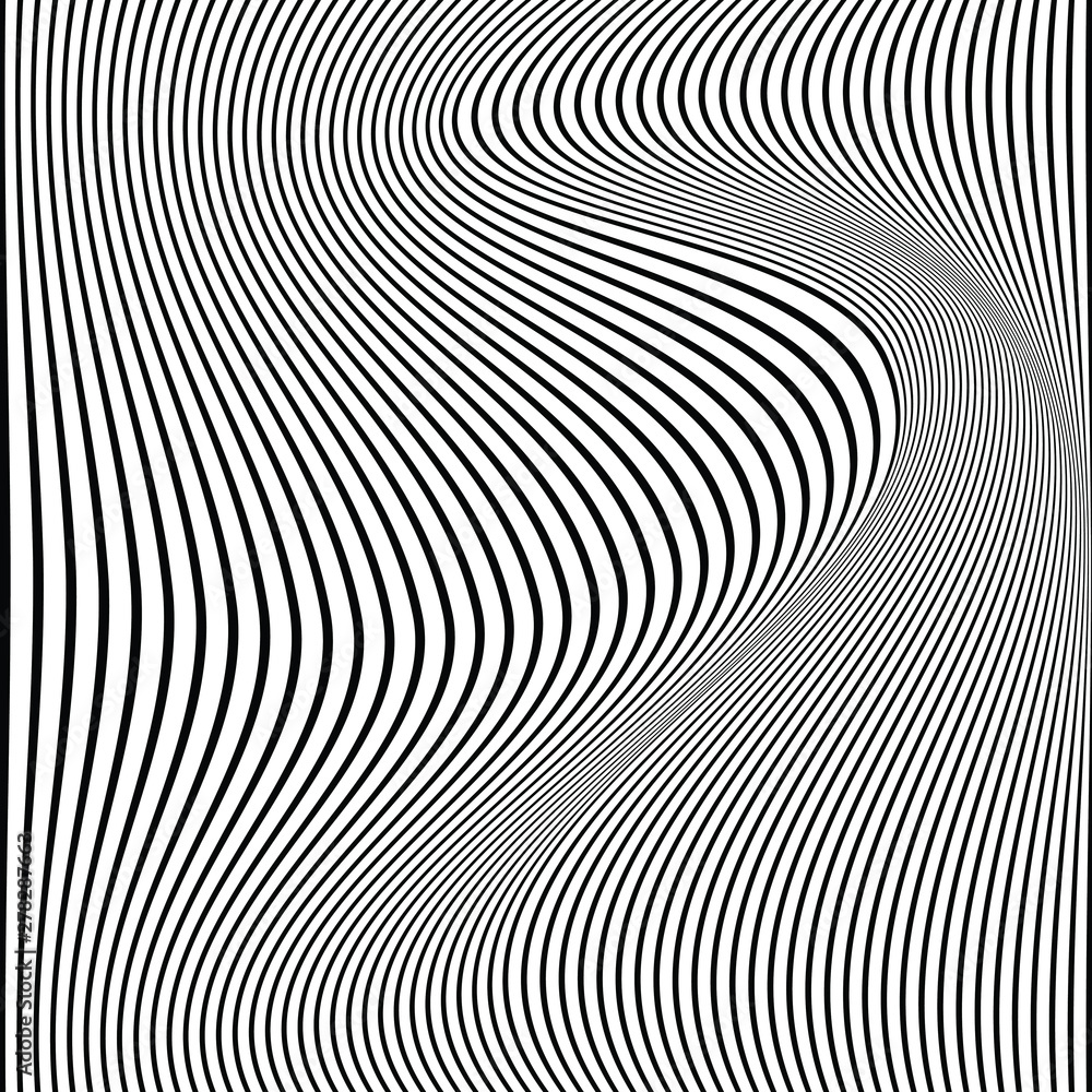 Black wavy distorted vector lines abstract background, op art, for prints and web