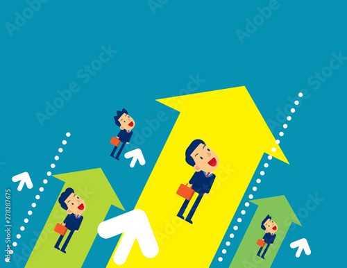 Team flying to upward. Concept business direction vector illustration, Achievement, Kid flat cartoon character style design.