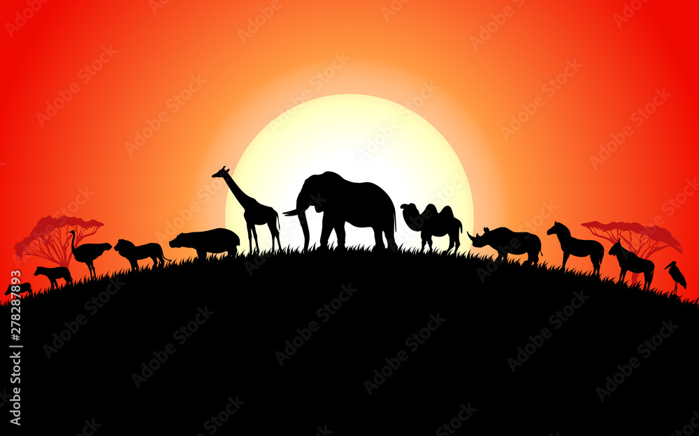 Naklejka premium Set of african animals silhouette on sunset