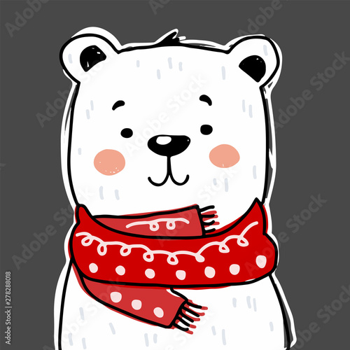 Cute bear character with scarf. Vector illustration for birthday invitation,postcard and sticker