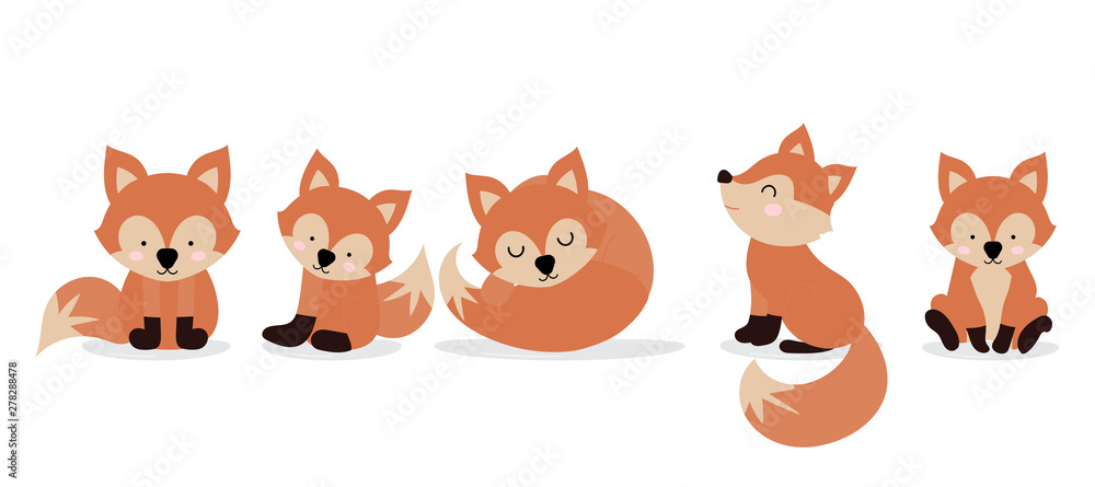 Obraz premium Cute fox character are standing,sitting and sleeping. Vector illustration for birthday invitation,postcard and sticker.Editable element