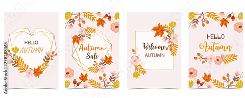 Collection of autumn background set with gold geometric,leaves,flower,wreath,heart.Vector illustration for invitation,postcard and sticker.Editable element