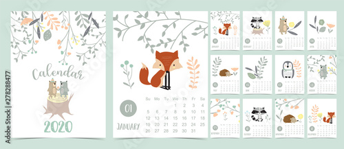 Doodle pastel woodland calendar set 2020 with fox,porcupine,penguin,bear,skunk,flower,leaves for children.Can be used for printable graphic.Editable element