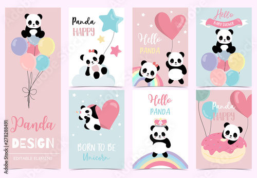 Collection of birthday background set with panda,rainbow,balloon.Editable vector illustration for birthday invitation,postcard and sticker.Wording include hello