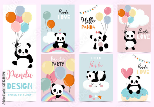 Collection of birthday background set with panda,rainbow,balloon.Editable vector illustration for birthday invitation,postcard and sticker.Wording include hello