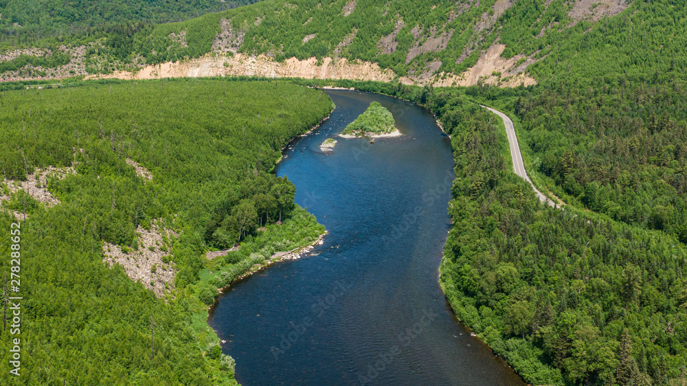 Valley Of The Mountain River Anyuy. Khabarovsk territory in the far East of Russia. The view of Anyui river is beautiful. Anyu national Park. Landscape mountain river in the Russian taiga.