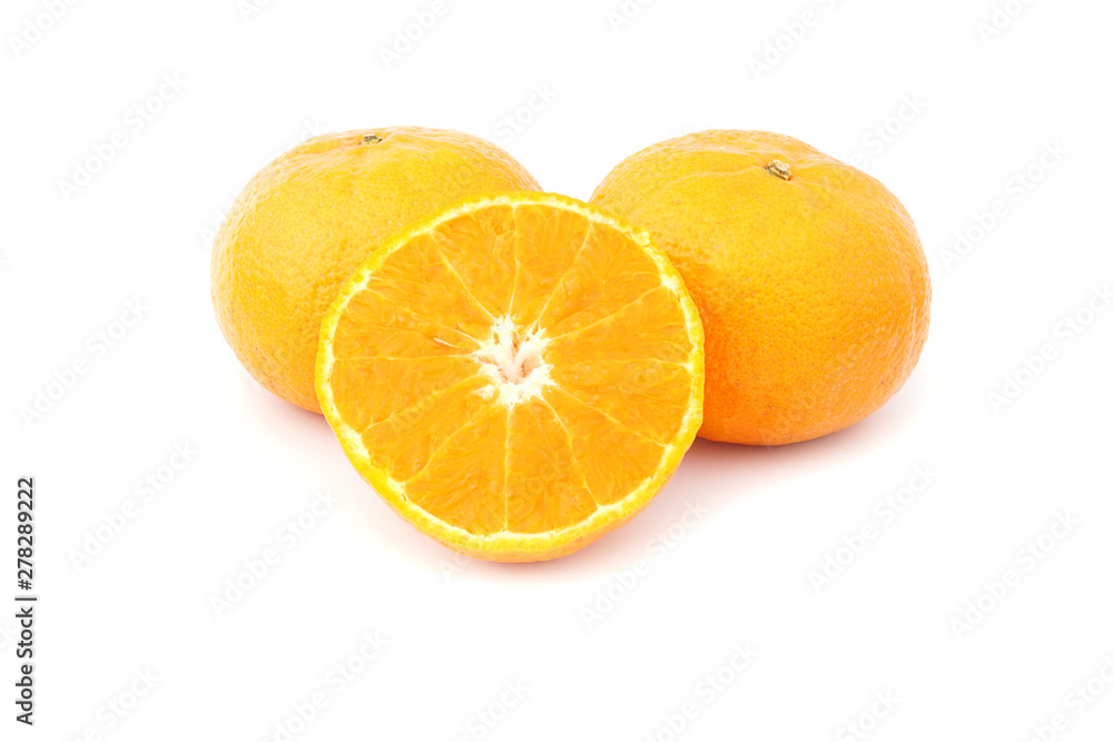 Fresh mandarin orange full and half fruit isolated on white background Fresh mandarin orange full and half fruit isolated on white background