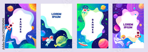 Set of vertical space banners. Cosmic children's style. Template for diploma, poster, invitation, cover. Vector.