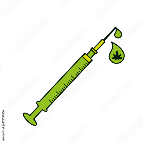 syringe with cannabis leaf plant