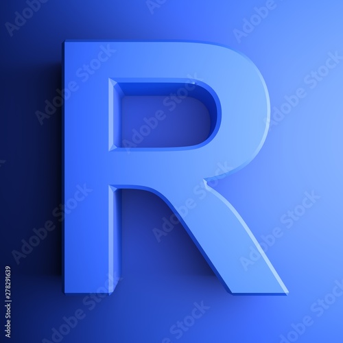 R alphabetic letter blue, isolated on blue background - 3D rendering illustration