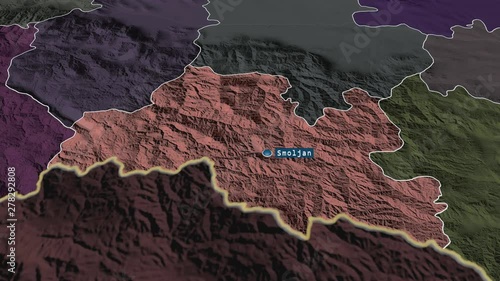 Smolyan - province of Bulgaria with its capital zoomed on the administrative map of the globe. Animation 3D photo
