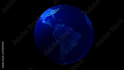 The night half of the Earth from space showing North and South America.