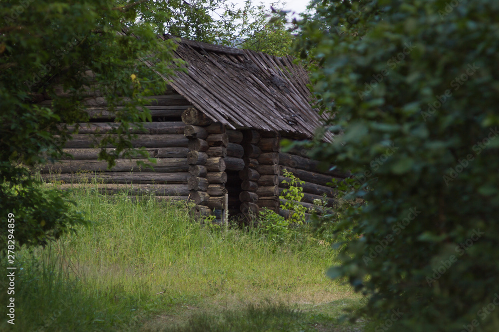 old abandoned wooden houses in Russian village view in summer