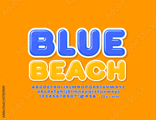 Vector sunny emblem Blue Beach. Bright modern Font. Set of creative Alphabet Letters, Numbers and Symbols