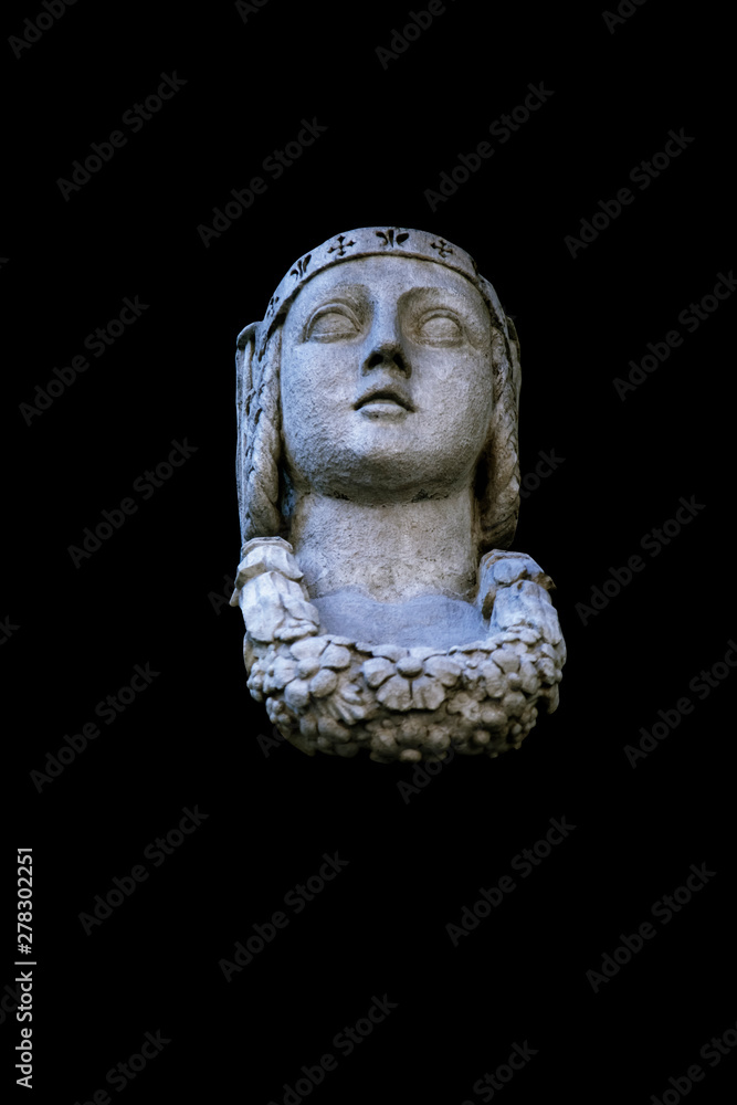 Fragment of ancient statue of the goddess of wisdom and victory Athena isolated on black background. Fragment of ancient statue of the goddess of wisdom and victory Athena isolated on black background.