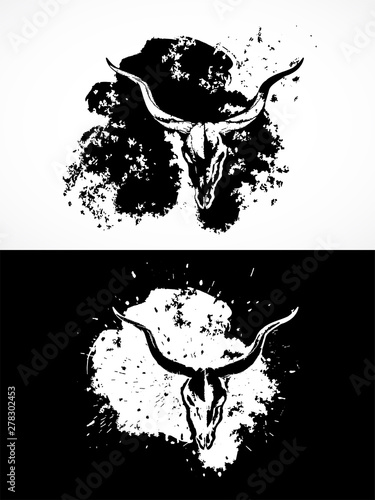 Vector illustration with antelope skulls. Two variants: black and white silhouettes with grunge texture and spots.