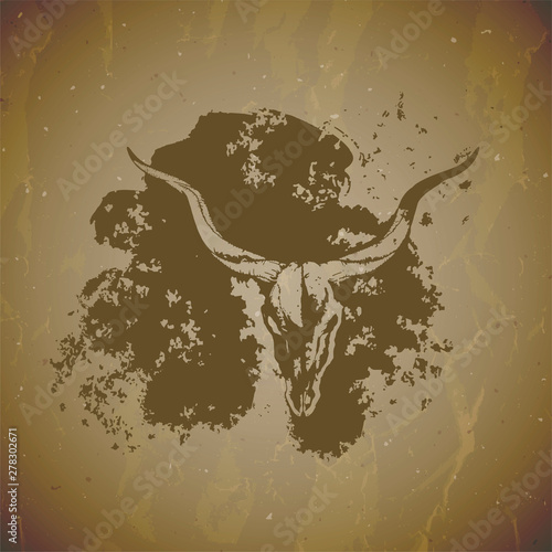 Vector illustration of hand drawn skull antelope with grunge elements on vintage background. Sketch in sepia color.