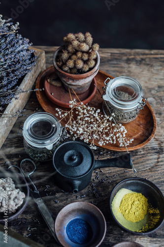 Cups and Bawls on Wooden Table photo