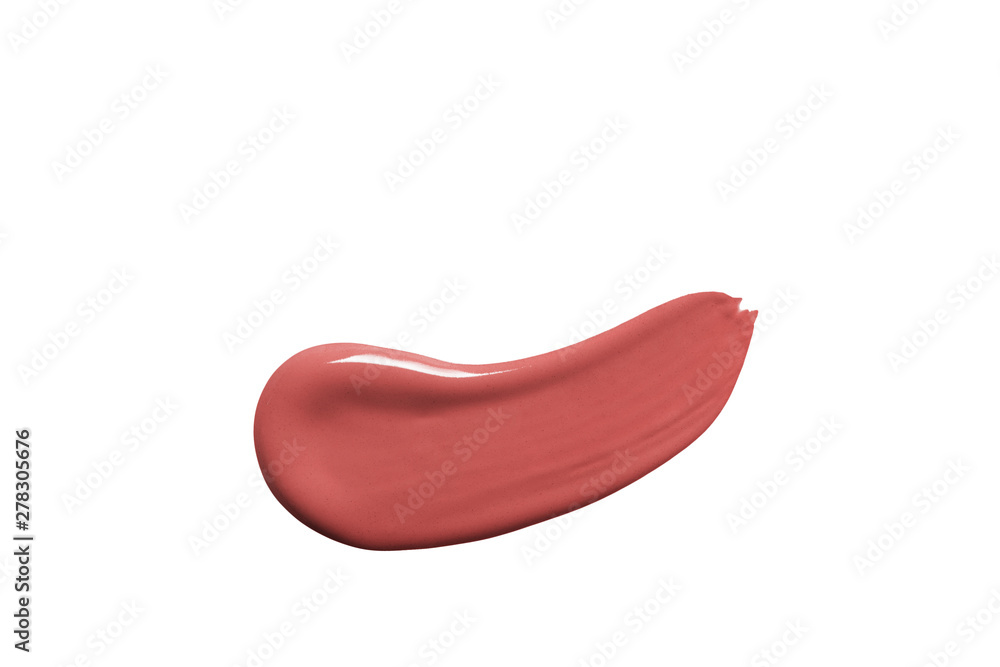 Liquid lipstick swatch isolated on white background. Nude pink makeup brush stroke, smear, smudge. Red lip gloss swipe. Cosmetic product texture. Liquid lipstick swatch isolated on white background. Nude pink makeup brush stroke, smear, smudge. Red lip gloss swipe. Cosmetic product texture.