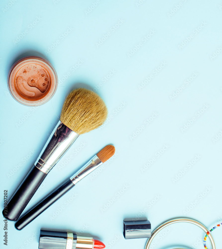 diverse travel girlish stuff on colorful background blue and yellow, nobody tourism lifestyle concept close up diverse travel girlish stuff on colorful background blue and yellow, nobody tourism lifestyle concept close up