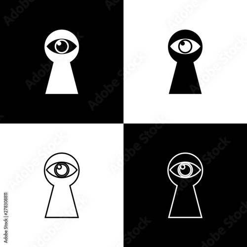 Set Keyhole with eye icons isolated on black and white background. The eye looks into the keyhole. Keyhole eye hole. Vector Illustration