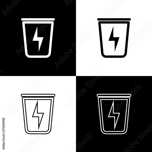 Set Lightning with trash can icon isolated icons isolated on black and white background. Waste to energy. Garbage bin sign. Recycle basket sign. Vector Illustration
