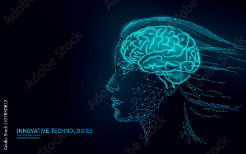 Low poly abstract brain virtual reality concept. Female woman profile mind imagination dream. Modern vector illustration active thinking process. Human extra mental health. Virtual assistant girl AI
