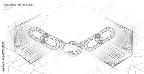 Blockchain technology 3D handshake. Business finance agreement contract concept. Success web network low poly banner template. Polygonal international internet connection laptop vector illustration