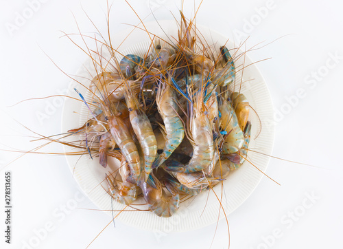 Fresh Shrimp on a white plate, on white background © Saravut