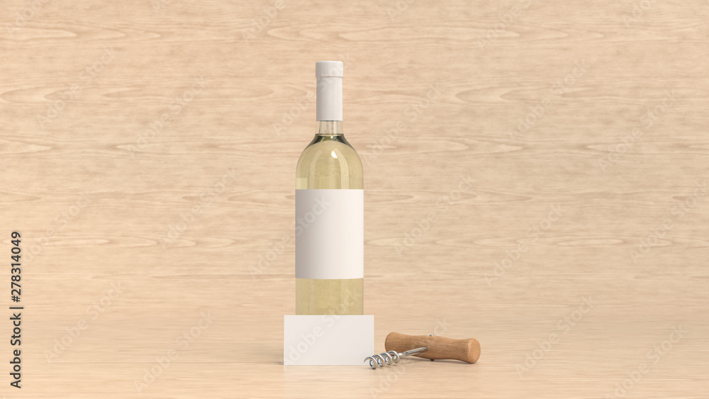 Bottle of white wine with business card and corkscrew