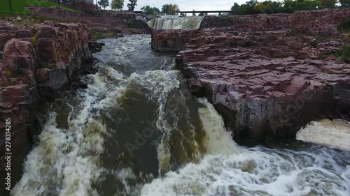 Waterfall cascades in Sioux Falls, aerial