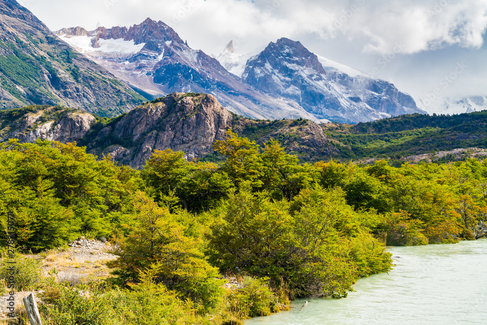 View of beautiful mountain with river in Los Glaciares National Park at El Chalten View of beautiful mountain with river in Los Glaciares National Park at El Chalten