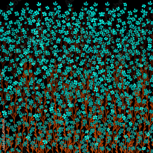 Meadow floral horizontal vector seamless pattern. Lots of small blue turquoise forget-me-flower, brown stalks on black background. Fairytale Ornamental garden template for design, decor, border.