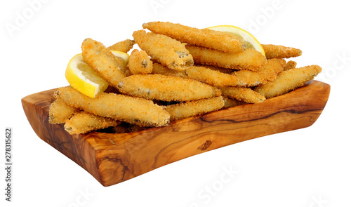 Εκτύπωση καμβά Fried bread crumb covered whitebait fish in an olive wood dish isolated on a whi