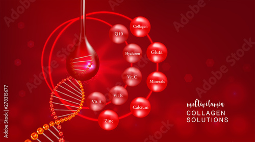 Hyaluronic acid plus multivitamins and minerals skin solutions ad, red collagen serum drop with cosmetic advertising background ready to use, illustration vector.