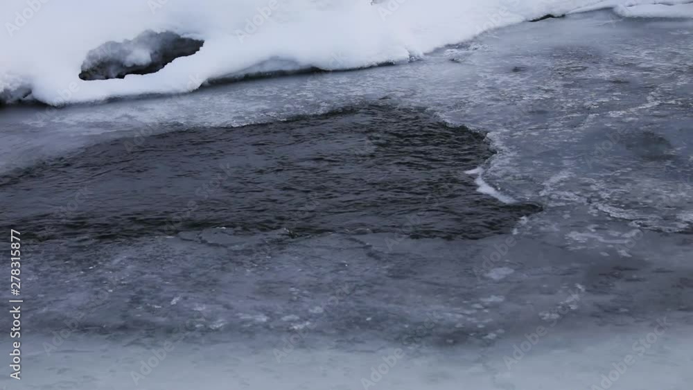 River flows under ice, close up River flows under ice, close up