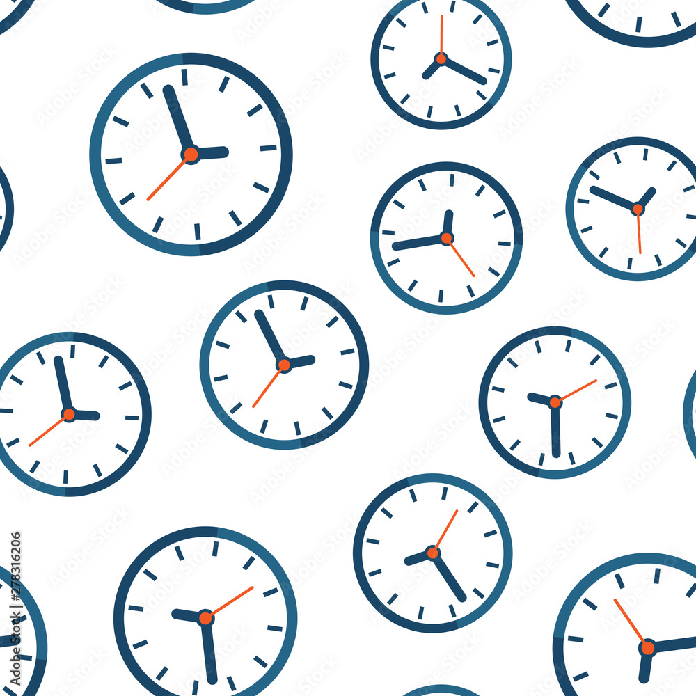 Clock sign icon seamless pattern background. Time management vector illustration on white isolated background. Timer business concept.