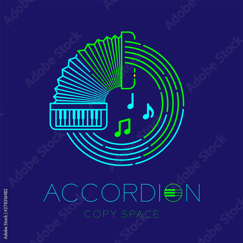 Accordion, music note with line staff circle shape logo icon outline stroke set dash line design illustration isolated on dark blue background with keyboard text and copy space