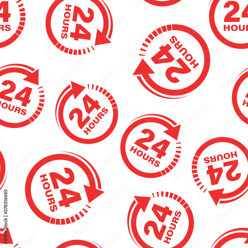 24 hours clock sign icon seamless pattern background. Twenty four hour open vector illustration on white isolated background. Timetable business concept. 24 hours clock sign icon seamless pattern background. Twenty four hour open vector illustration on white isolated background. Timetable business concept.